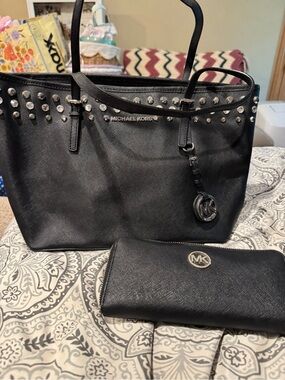 Michael Kors Black Studded Saffiano Tote with Matching Wallet